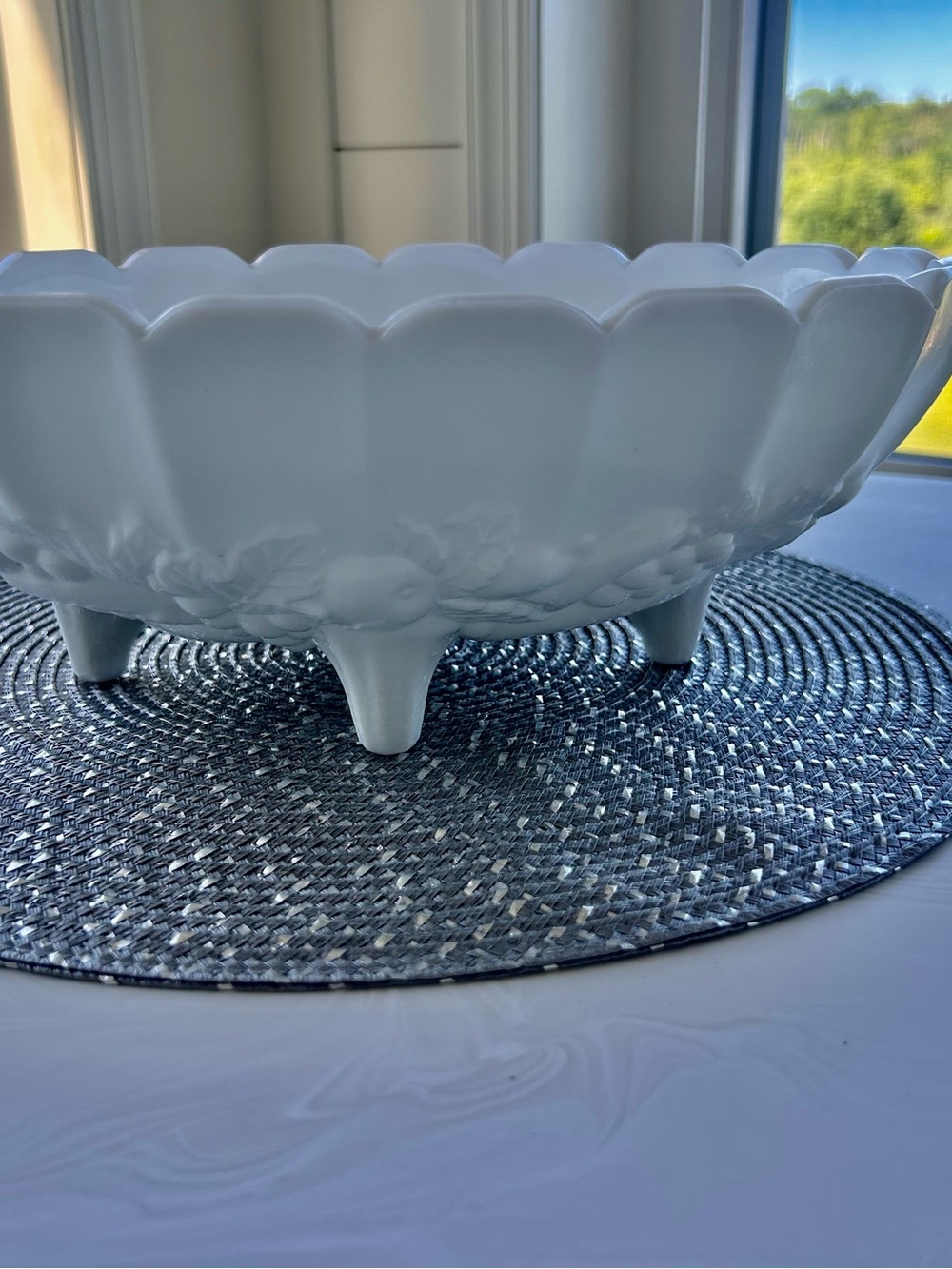 Indiana Milk Glass Footed Oval Grape Harvest Fruit Bowl Centerpiece
